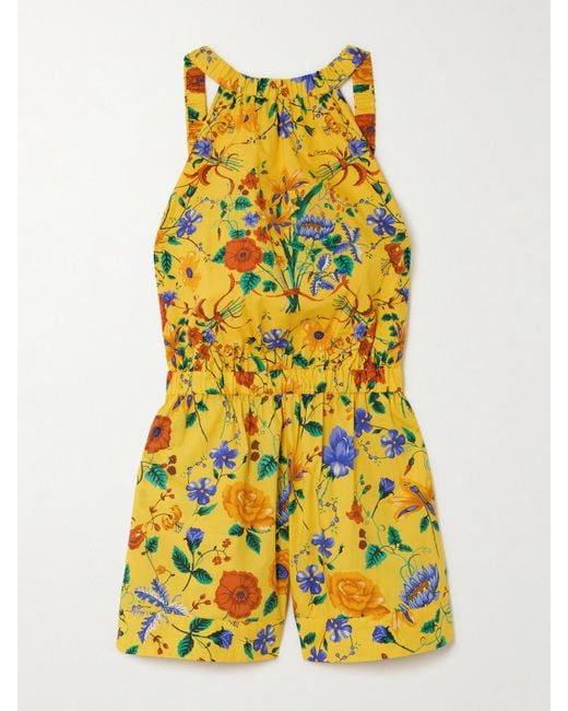 Cara Cara Yellow Colomba Tie-Detailed Floral-Print Cotton-Poplin Playsuit