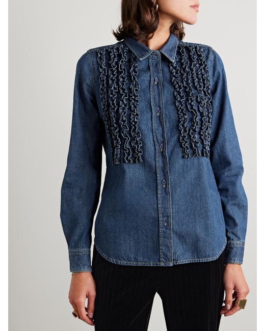 Nili Lotan Blue Lexa Ruffled Denim Shirt