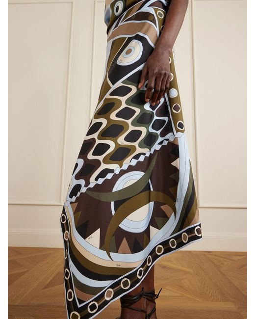 Emilio Pucci White Asymmetric Printed Silk-Twill Maxi Skirt