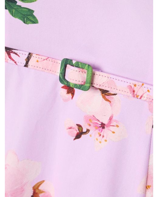 Oscar de la Renta Pink Midikleid Aus Stretch-Baumwollpopeline Mit Blumenprint, Gürtel Und Schleifen
