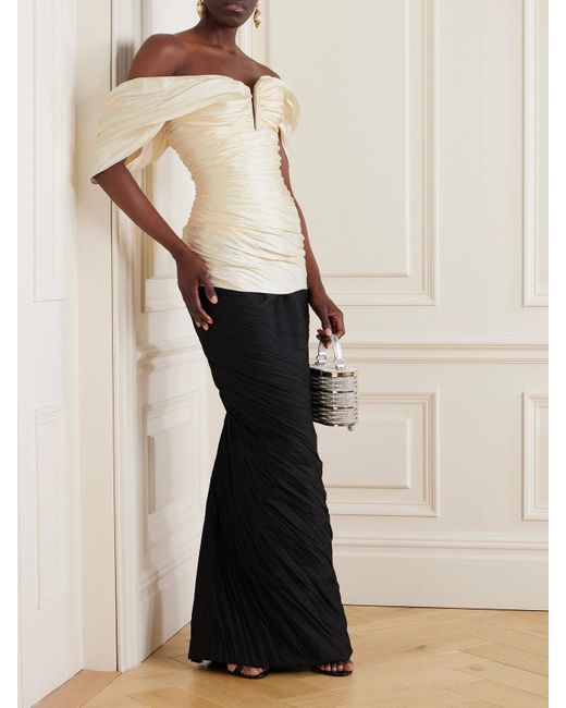 Marmar Halim White Off-The-Shoulder Pleated Two-Tone Mikado And Taffeta Gown