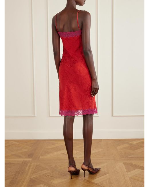 Saint Laurent Red Lace-Trimmed Silk-Satin Midi Dress