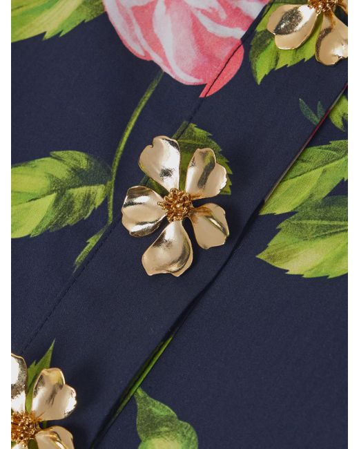 Oscar de la Renta Green Button-Embellished Floral-Print Cotton-Blend Poplin Gown