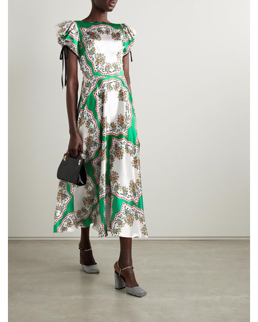 Rodarte Green Printed Silk-Satin Midi Dress