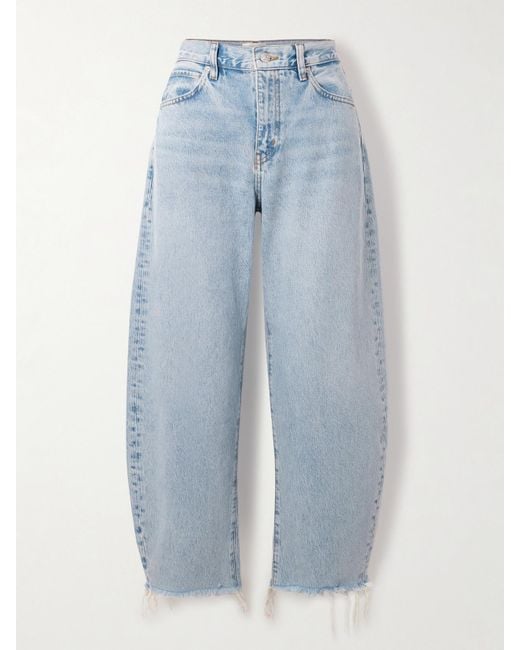 FRAME Blue The Bubble Crop Frayed High-Rise Barrel-Leg Jeans