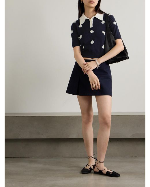 ShuShu/Tong Blue Cropped Embroidered Knitted Polo Shirt