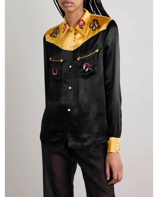 Bode Black Rodeo Sequin-Embellished Satin Shirt