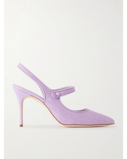 Manolo Blahnik Pink Camparisli 90 Leather-Trimmed Raffia Mary Jane Slingback Pumps