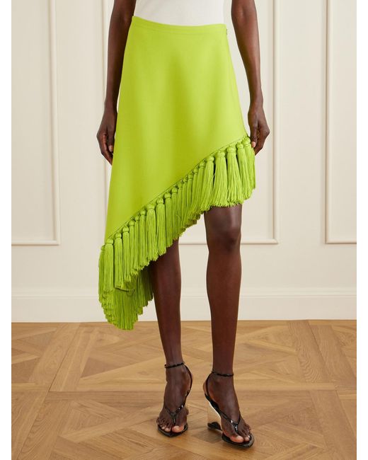 Alaïa Green Tassle Fringed Asymmetric Wool-Gabardine Midi Skirt