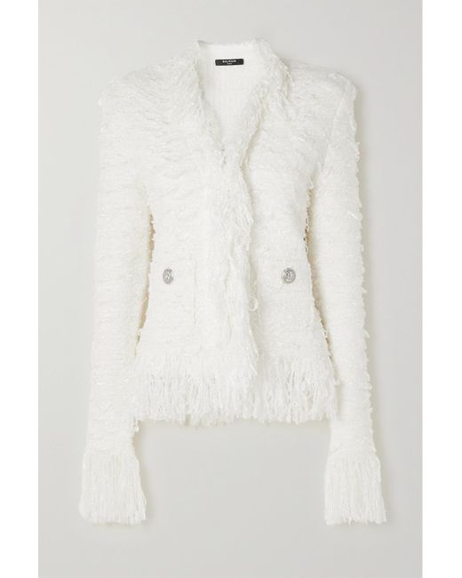 Balmain Fringed Metallic Bouclétweed Jacket in White Lyst Canada