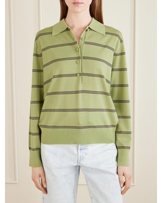 Dries Van Noten Green Striped Merino Wool Polo Shirt