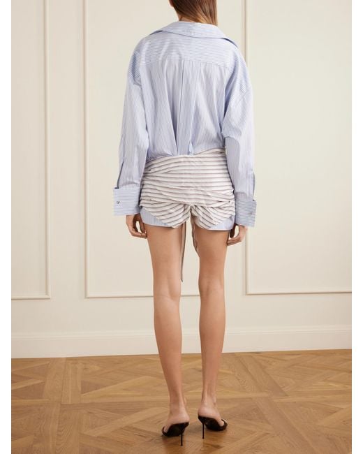 The Attico Blue Belted Striped Cotton-Poplin Mini Dress