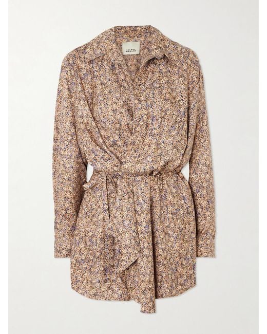 Isabel Marant Natural Harmony Floral-Print Satin-Jacquard Wrap Mini Shirt Dress