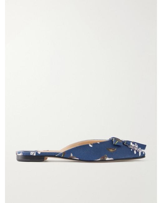 Manolo Blahnik Blue Emilia Wickstead Bow-Embellished Floral-Print Grosgrain Flats