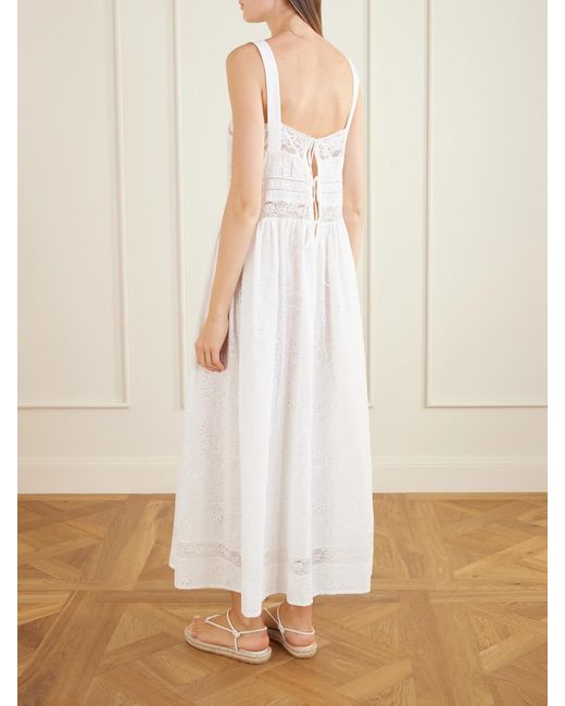 Loretta Caponi White Antigua Lace-Trimmed Embroidered Cotton Midi Dress