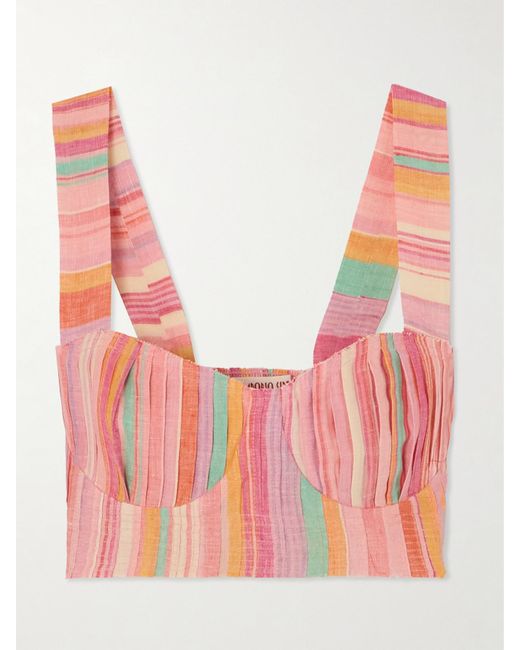 Emporio Sirenuse Pink Dalia Bustier Aus Gestreiftem Leinen Mit Biesen Und Fransen