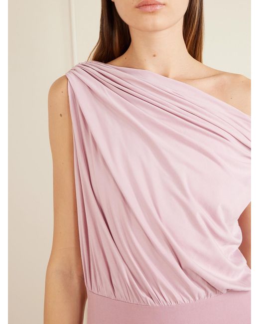 Abadia Pink Gwen Asymmetric Draped Jersey-Trimmed Stretch-Bamboo Maxi Dress