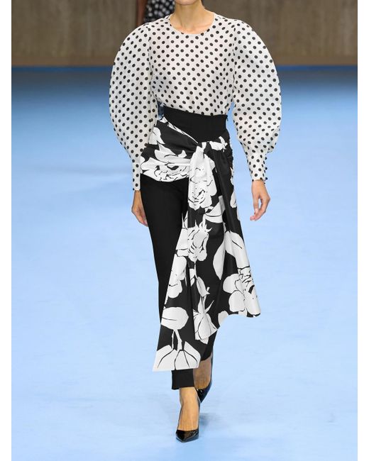 Carolina Herrera White Draped Floral-Print Faille And Crepe Slim-Leg Pants