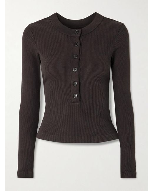 Citizens of Humanity Black Varra Ribbed Stretch Organic Cotton And Lyocell-Blend Henley Top