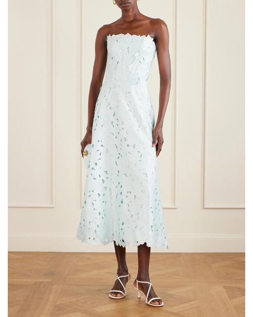Costarellos Blue Vella Strapless Guipure Lace Midi Dress