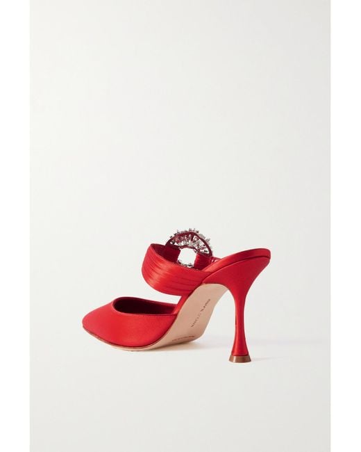 Manolo Blahnik Red Maidugura 90 Mules Aus Satin Mit Kristallen