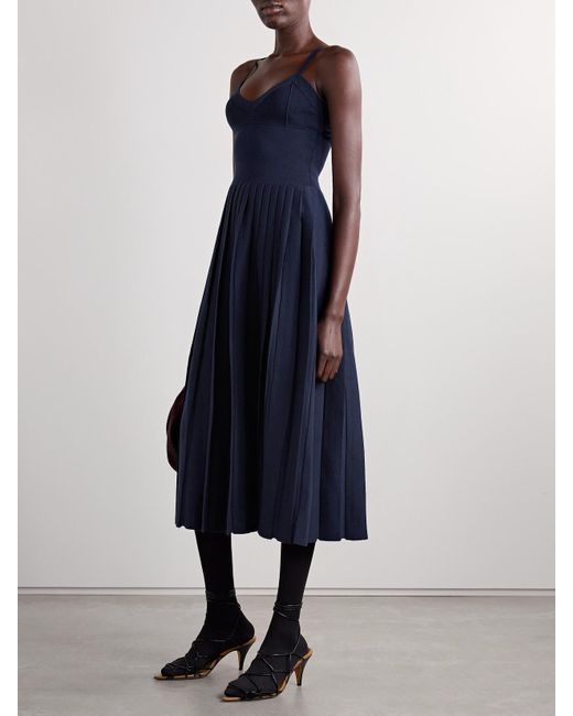 Khaite Blue Elio Pleated Pointelle-Trimmed Wool-Blend Midi Dress