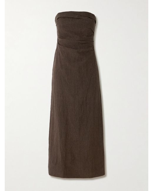 TOVE Sabella Strapless Gathered Linen Midi Dress in Brown | Lyst