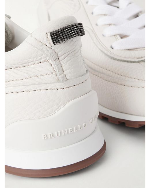 Brunello Cucinelli White Embellished Textured-Leather Sneakers