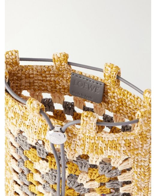 Loewe Metallic Paula's Ibiza Leather-Trimmed Crocheted Raffia Bucket Bag