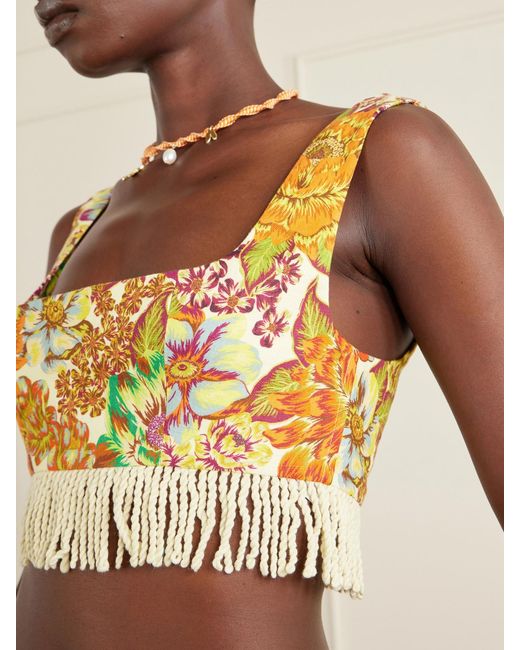 ALÉMAIS Metallic Fringed Cropped Floral-Print Linen Top