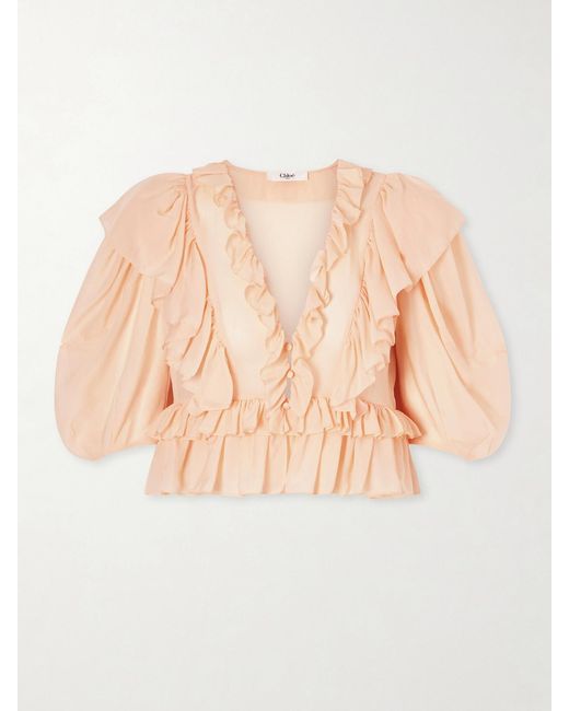 Chloé Natural Ruffled Silk-Charmeuse Blouse
