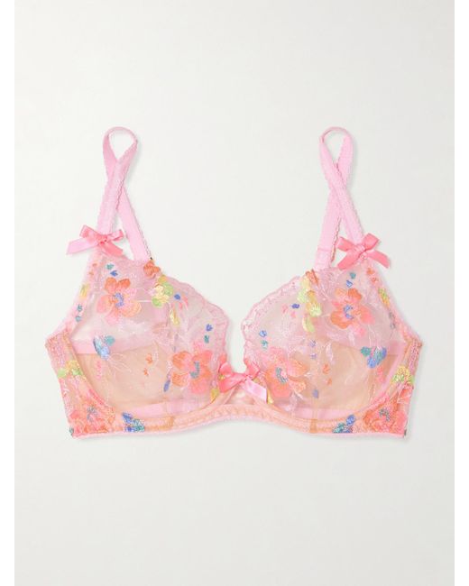Agent Provocateur Pink Rixie Bow-Detailed Lace-Trimmed Embroidered Tulle Underwired Bra