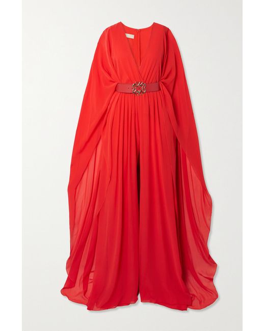 Elie Saab Belted Draped Cape-effect Silk-chiffon Jumpsuit in Red | Lyst ...