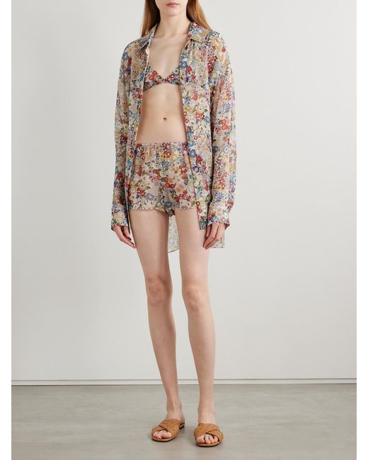Khaite Metallic Tilly Floral-Print Silk-Chiffon Shorts