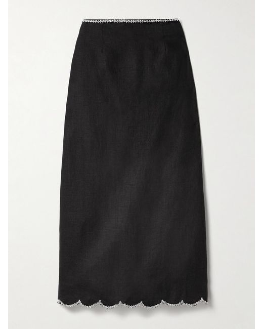 Zimmermann Black Crush Crystal-Embellished Scalloped Linen Midi Skirt