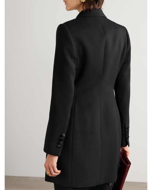 Dolce & Gabbana Black Doppelreihiger Mantel Aus Twill Aus Einer Wollmischung Mit Satinbesätzen Aus Einer Seidenmischung