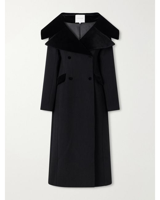 LIBEROWE Black Hourglass Double-Breasted Wool Velour-Trimmed Coat