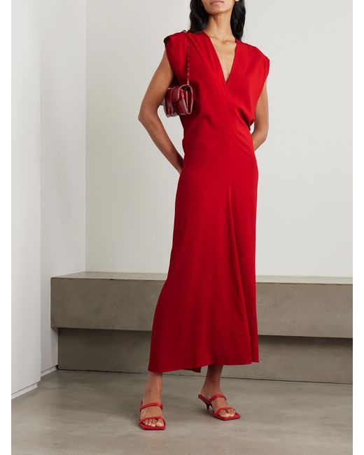 St. Agni Red Plunge Draped Crepe Maxi Dress