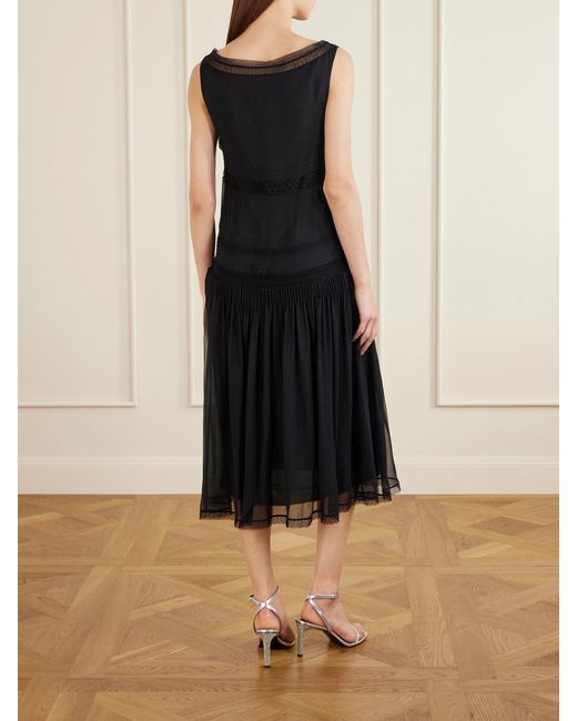 Tory Burch Blue Pleated Lace-Trimmed Silk-Georgette Midi Dress