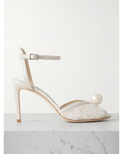 Jimmy Choo White Sacora 85 Embellished Leather-Trimmed Lace Sandals