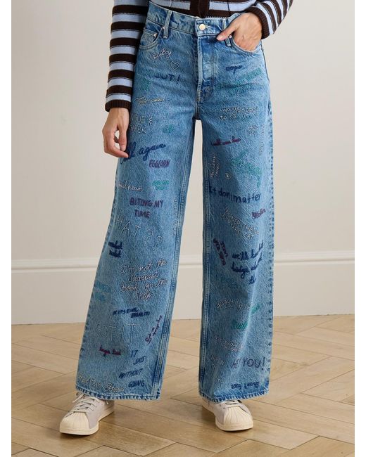 Mother Blue Double Dip Nerdy Embroidered Mid-Rise Wide-Leg Jeans