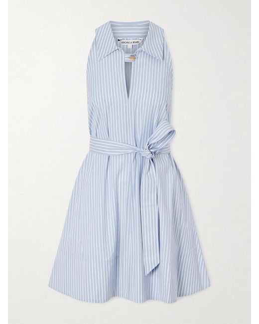 Veronica Beard Blue Florenz Belted Striped Cotton Mini Dress