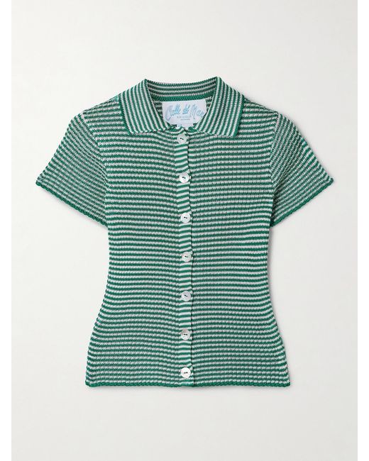 Calle Del Mar Green Striped Ribbed-Knit Polo Shirt