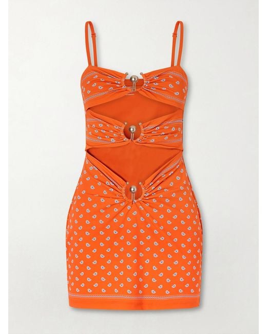 Christopher Esber Orange Orbit Embellished Ruched Cutout Printed Stretch-Jersey Mini Dress