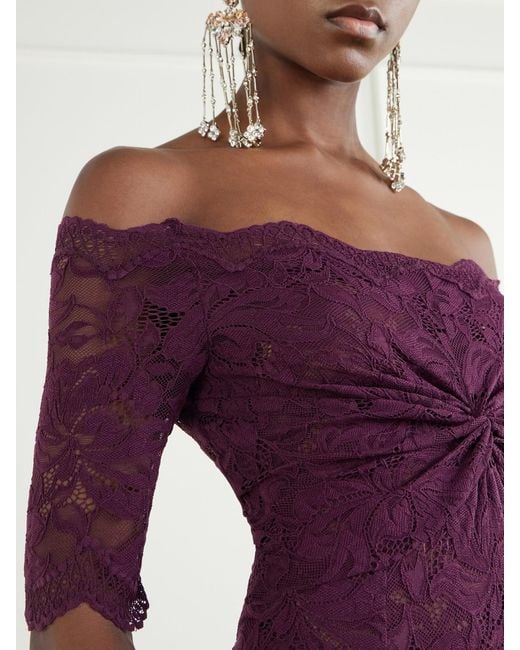 Rabanne Purple Off-The-Shoulder Gathered Lace Midi Dress