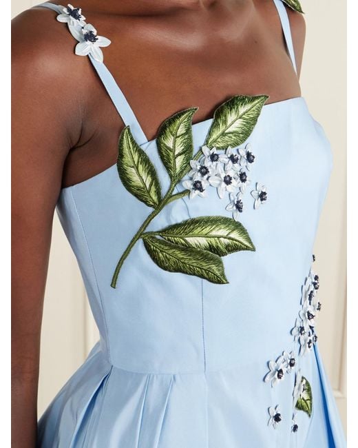 Oscar de la Renta Blue Floral-Embellished Silk Midi Dress