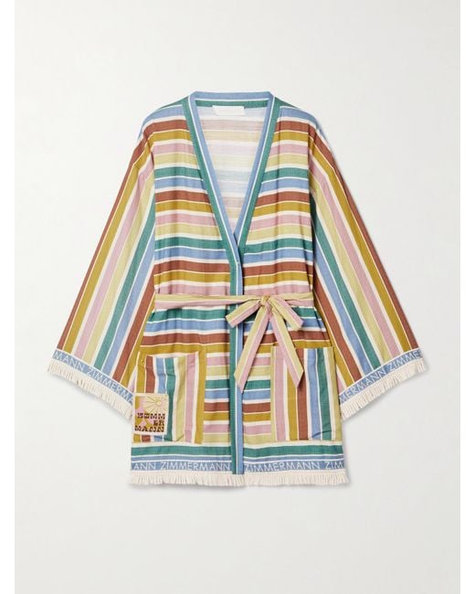Zimmermann Multicolor Everley Sommermantel Aus Gestreiftem Baumwoll-Voile Mit Fransen Und Bindegürtel