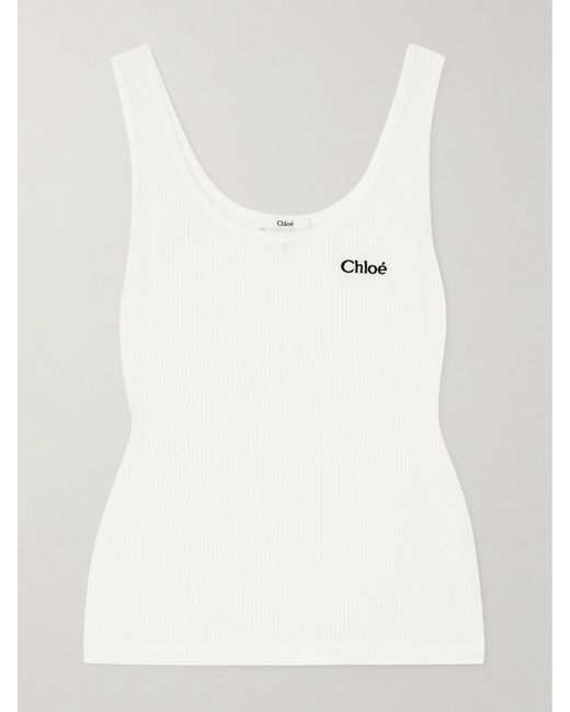 Chloé White Tanktop Aus Gerippter Baumwolle Mit Stickerei