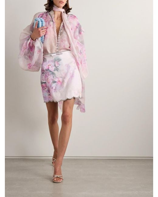 Zimmermann Pink Crush Crystal-Embellished Floral-Print Linen Mini Skirt