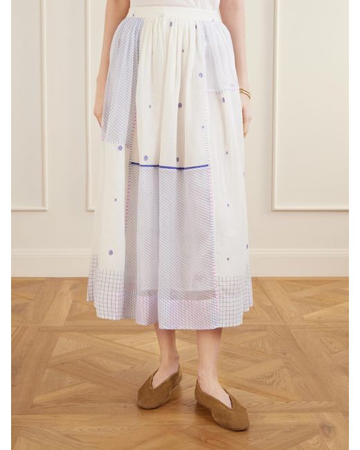 Eka White Gathered Striped Cotton-Jamdani Midi Skirt